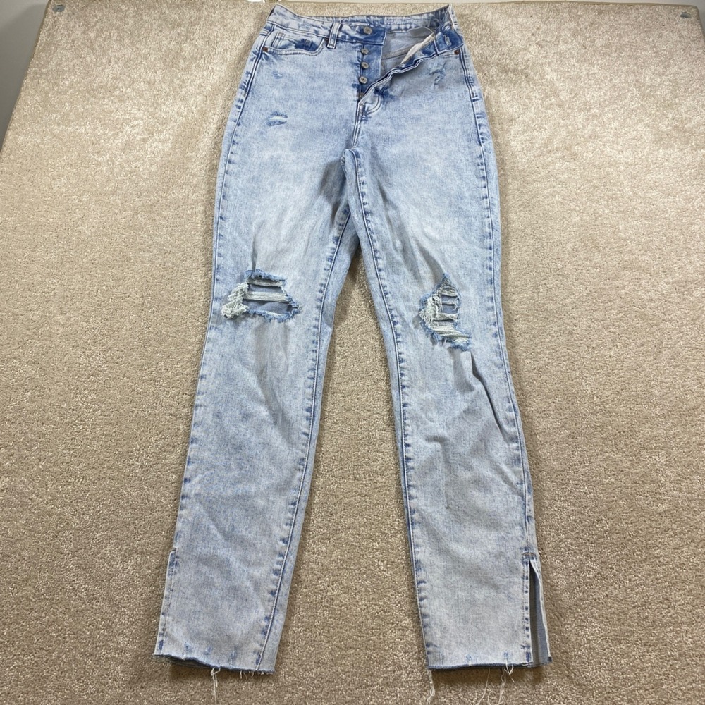 Old Navy O.G. Straight Jeans Womens 4 Tall Light Acid Wash Distressed Button Fly